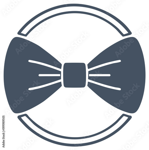 Stylized bowtie graphic design within a circle frame.