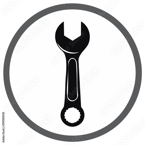 Wrench icon with a circular frame, black and white simple design.