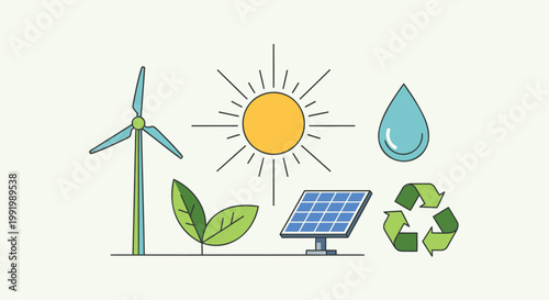 Eco friendly icons, sustainable energy symbols, green technology logos, renewable resources graphics