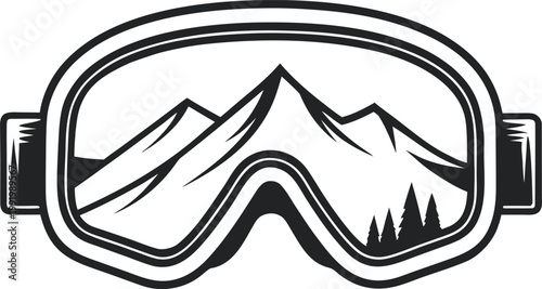 Classic black and white ski goggles with mountain range and pine trees reflection