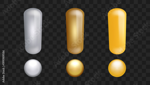 3D Glossy Exclamation Mark Icon Set Realistic Gold Silver and Yellow Alert Warning Error and Notification Symbols on Dark Background Vector Illustration
