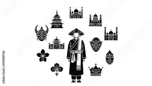 Graduate adorned with symbols of global architectural heritage and academic achievement