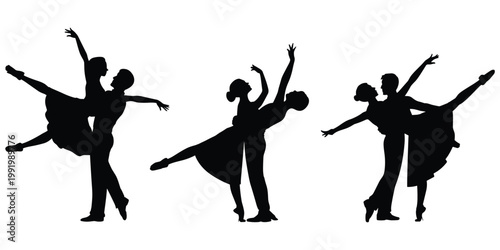 Dance silhouette illustration set, ballet ballroom artwork, partnered movement vector, graceful pose composition, expressive performance character illustration
