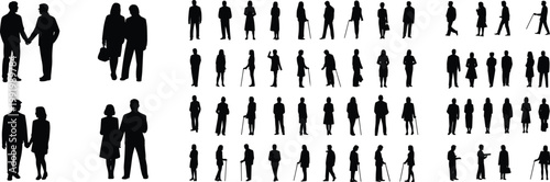 Collection of people silhouettes including couples walking standing elderly with cane diverse human figures isolated on white background