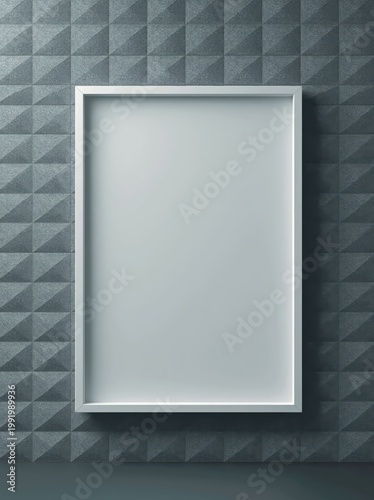 Minimalist white picture frame hanging on a dark grey architectural pyramid patterned wall.