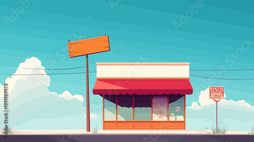 A stylized illustration depicting a vintage roadside shop with a blank sign and awning under a bright sky