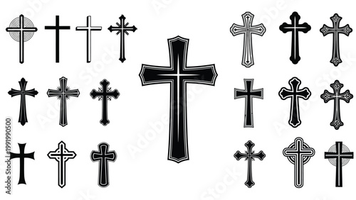 Assorted traditional and stylized cross symbols in monochromatic black and white designs