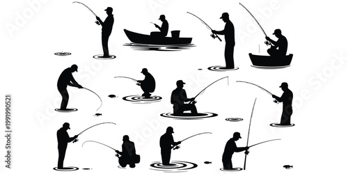 Fishing silhouette illustration set, shore boat artwork, outdoor lifestyle vector, angling posture composition, recreational nature activity illustration