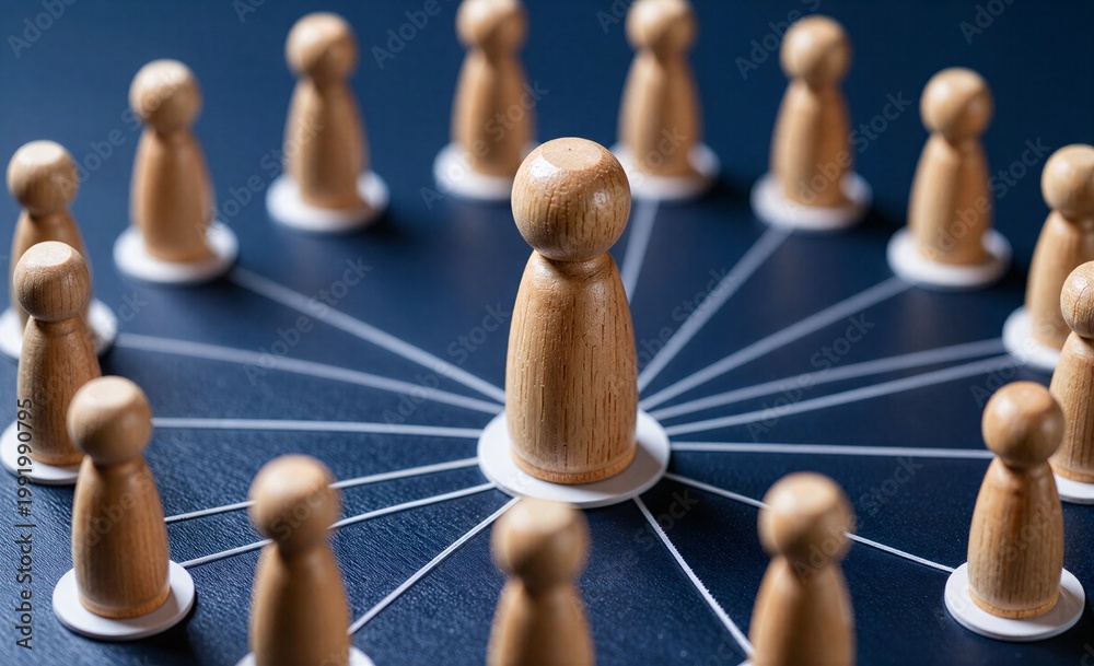 Obraz premium Wooden figures radiate from one center symbolizing leadership and