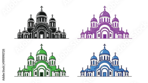 Four stylized illustrations of russian orthodox churches with distinct color schemes