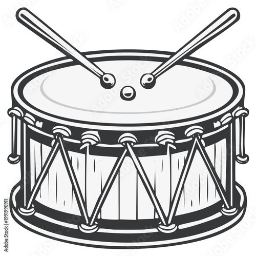 Illustration of a traditional snare drum with drumsticks crossing over it, musical instrument, isolated