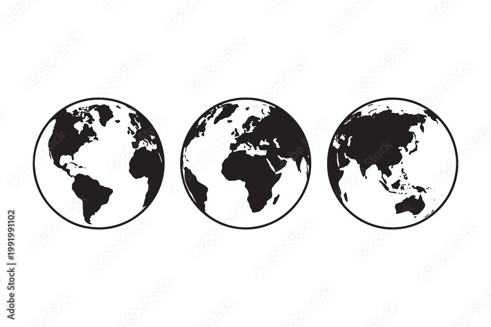 Obraz premium Black and white map with continents in circle isolated circle geography