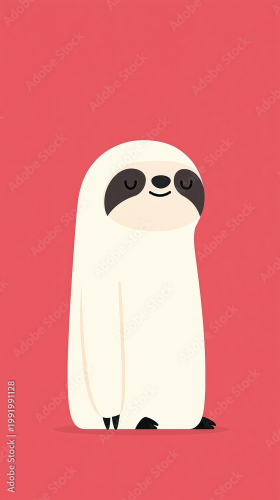 Fototapeta premium Adorable Cartoon White Sloth Character Design with Closed Eyes on a Red Background