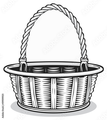 Vector Illustration of Hand-Woven Basket with a Handle. Simple Rustic Picnic Basket