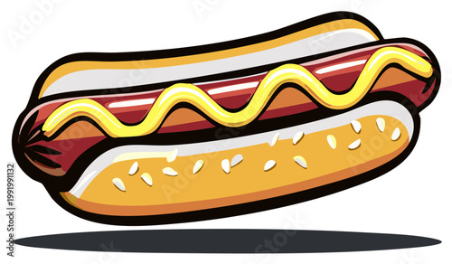 Hot Dog with Mustard Vector Icon Illustration, Classic Fast Food Meal with Sausage and Bun