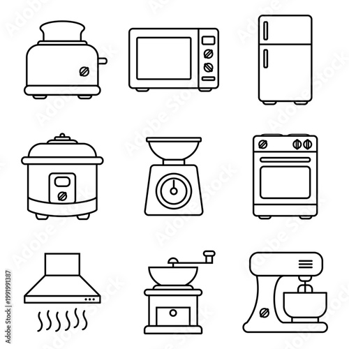 Nine black and white line drawings of kitchen appliances arranged in a grid including toaster, microwave, refrigerator, rice cooker, scale, oven, hood, grind