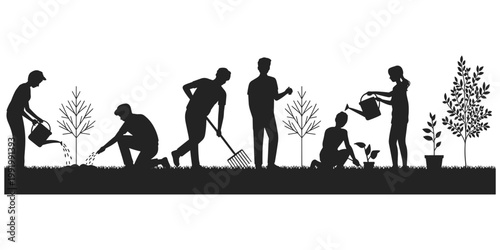 Gardening silhouette illustration, people planting and watering artwork, teamwork nature vector design, environmental care drawing, black and white style