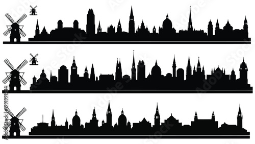 Silhouettes of windmills against a cityscape skyline under a starry night sky