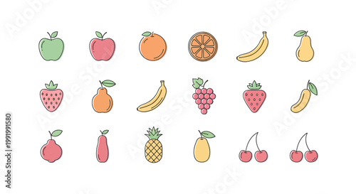 Collection of colorful cartoon fruits and berries illustration.