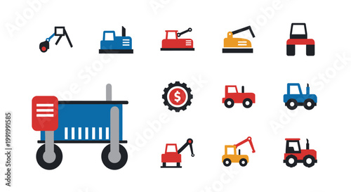 Collection of Colorful Construction Vehicle Icons and Symbols.