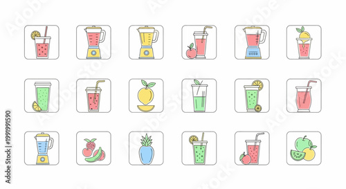 Collection of colorful blender and smoothie icons.