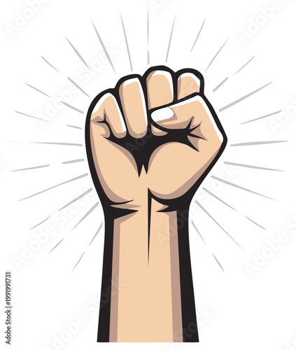Raised clenched fist illustration with radiating lines, power symbol