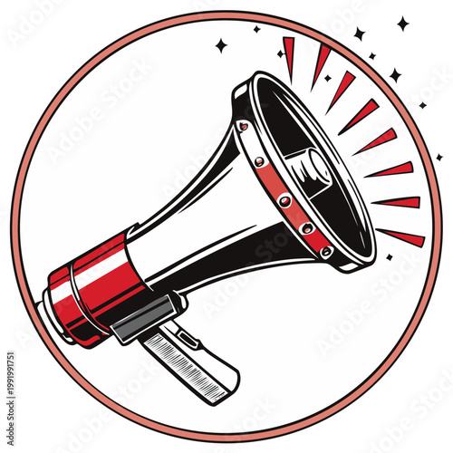 Vintage Megaphone Icon Amplifying Sound Waves Inside a Circle with Sparkle Accents