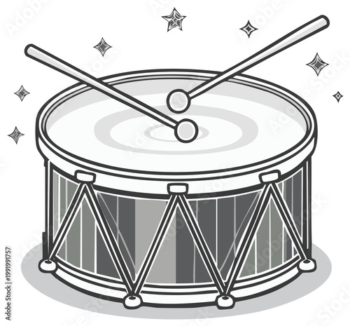 Illustrated Military Drum with Sticks and Sparkling Stars