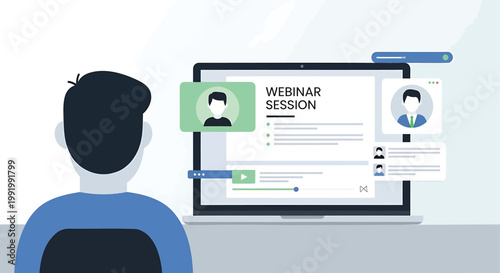 Online webinar session, virtual meeting, remote conference, e-learning illustration