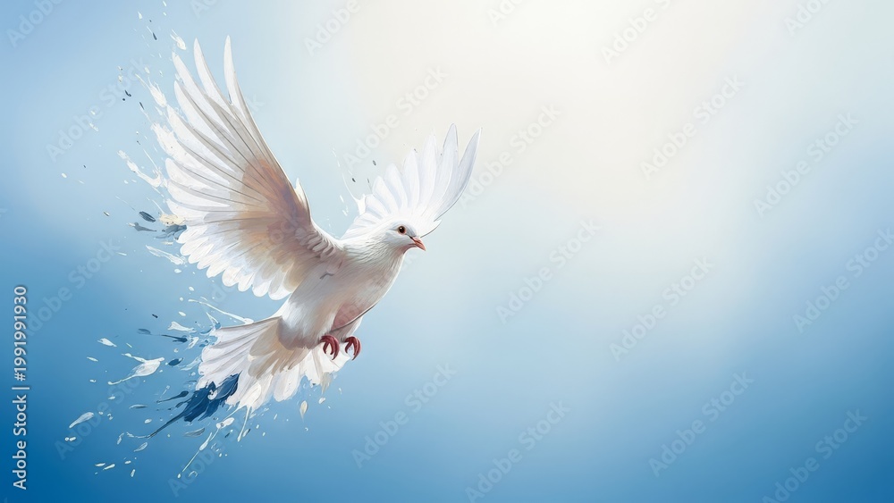 Obraz premium A white dove with splashing feathers in flight against a bright blue sky