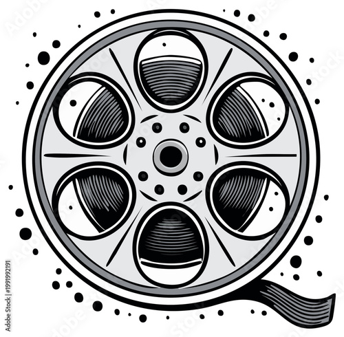 Vintage Film Reel with Strip of Motion Picture Film and Bubbles