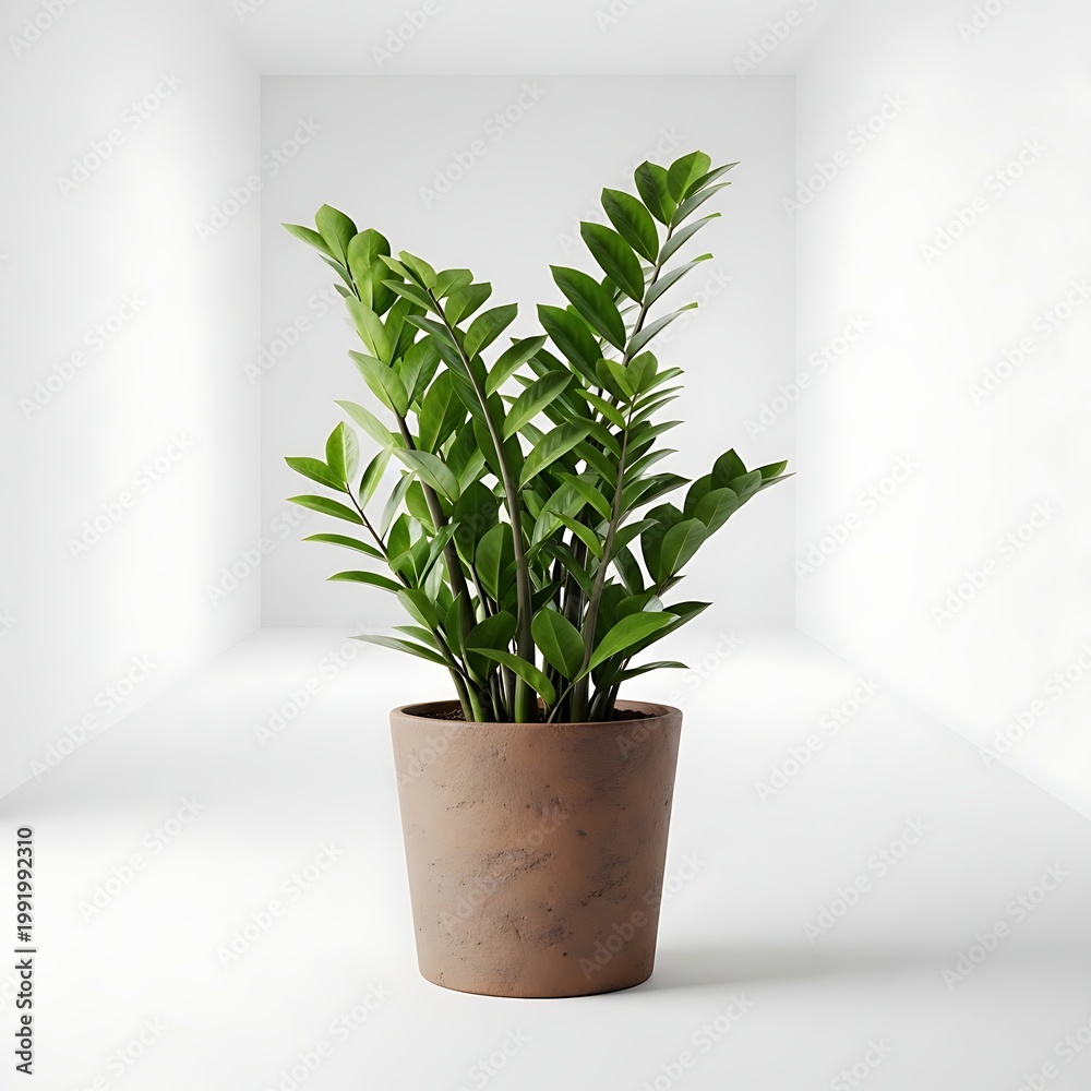 Fototapeta premium ZZ Plant in Brown Pot on White Background.