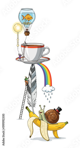 Whimsical Coffee Cup with Rainbow and Fruit.
