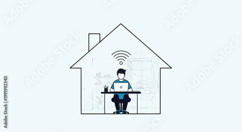 Remote worker, home office, Wi-Fi icon, line drawing, minimalist illustration, telecommute, workspace
