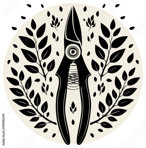 Black bypass pruning shears and leaves illustration in a circle