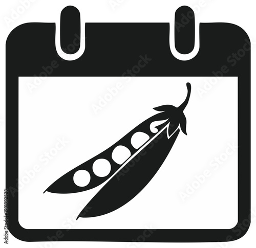 Calendar icon with an open pea pod and peas inside a graphic representation