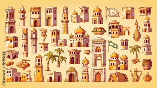Diverse architectural styles and cultural landmarks illustrated in a vibrant collage
