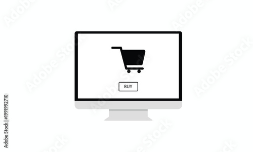 Minimalist Online Shopping Concept on Computer Monitor Screen with Shopping Bag Icon and Buy Button on White Background.