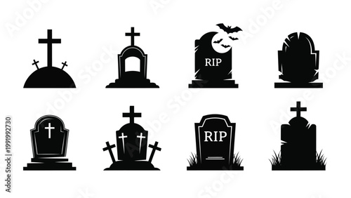 Assorted black and white cemetery and grave symbols collection
