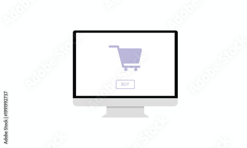 Minimalist Online Shopping Concept on Computer Monitor Screen with Shopping Bag Icon and Buy Button on White Background.