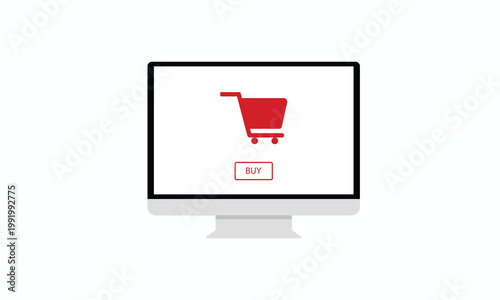 Minimalist Online Shopping Concept on Computer Monitor Screen with Shopping Bag Icon and Buy Button on White Background.