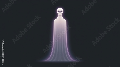 Haunted Skeletal Spirit with Luminous Shroud and Purple Glow on Minimalist Dark Backdrop