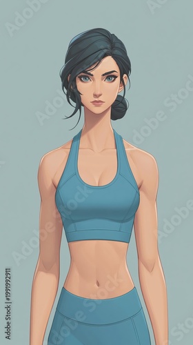 Fit Female Character Illustration in Blue Athletic Wear for Fitness and Health Concepts.