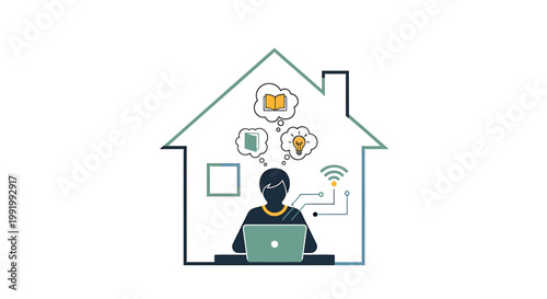 Remote worker, home office, smart house, technology icons, vector illustration