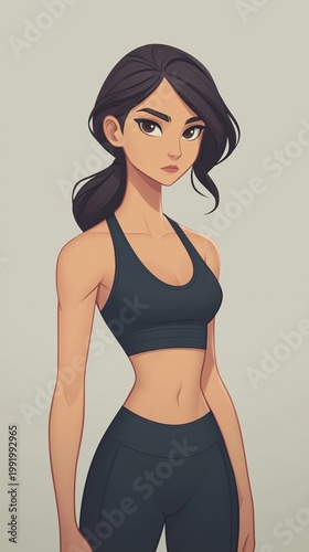 Stylized Illustration of a Fit Young Woman in Athletic Black Sportswear Looking Confident