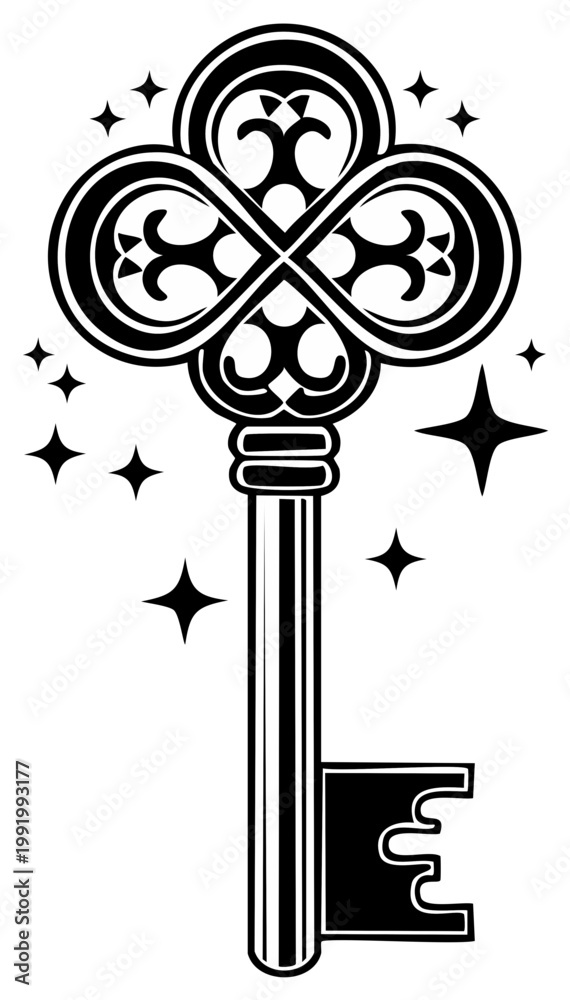Fototapeta premium Elegant ornate key illustration with star accents