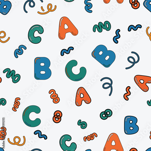 Fun seamless pattern featuring hand drawn colorful bubble letters and doodles. Vibrant back to school design for kids apparel, nursery, and stationery