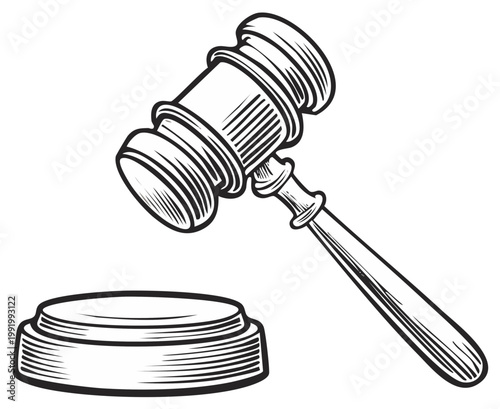 Wooden Gavel and Sounding Block Representing Law and Justice in an Elegant Hand Drawn Vector Style