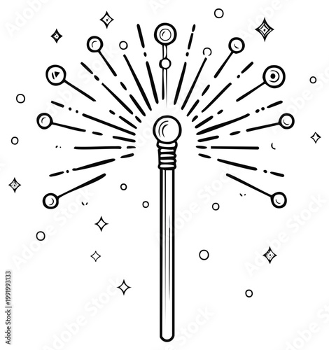Stylized wand with glowing orbs and sparkling magical energy radiating outwards