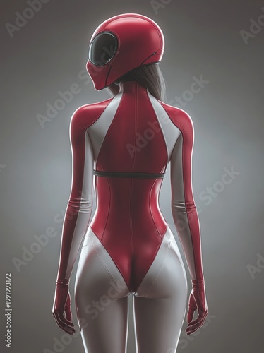 Back view of a female character in a futuristic red and white bodysuit and sleek helmet